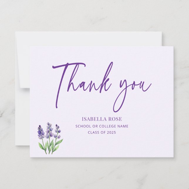 Cute Minimal Elegant Purple Floral Graduation  Thank You Card (Front)