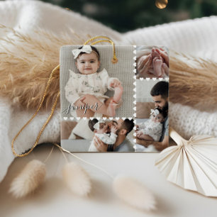 Cute Minimal Heart Baby Photo Collage Script Name Ceramic Ornament