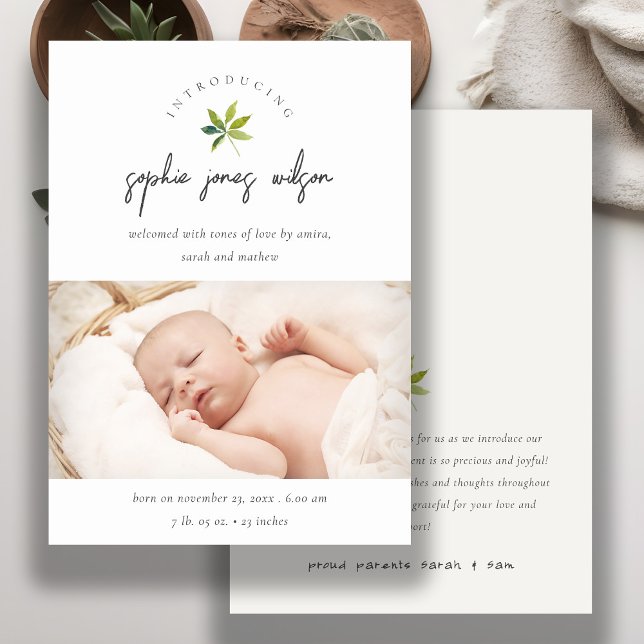 Cute Minimal Leaf Script Photo Birth Announcement (Creator Uploaded)