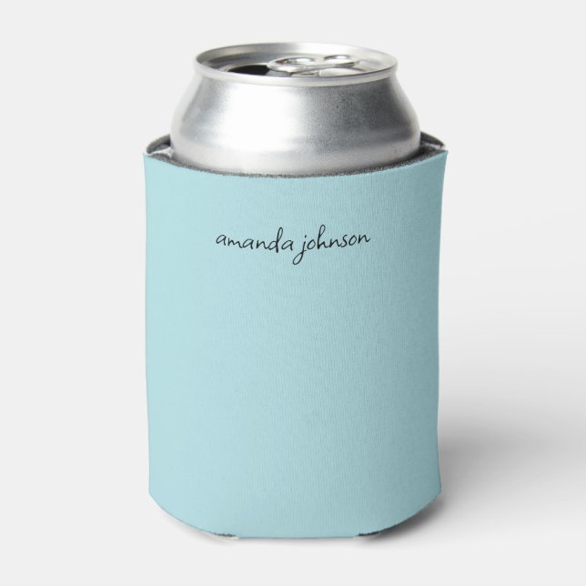 Cute Minimal Light Blue Cursive Monogram Name Can Cooler (Can Front)