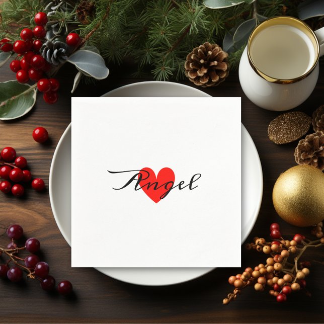  Cute Minimal Modern White Red Heart Add Your Name Napkin (Creator Uploaded)