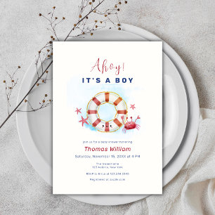 Cute Minimal Nautical Crab Starfish Baby Shower Invitation