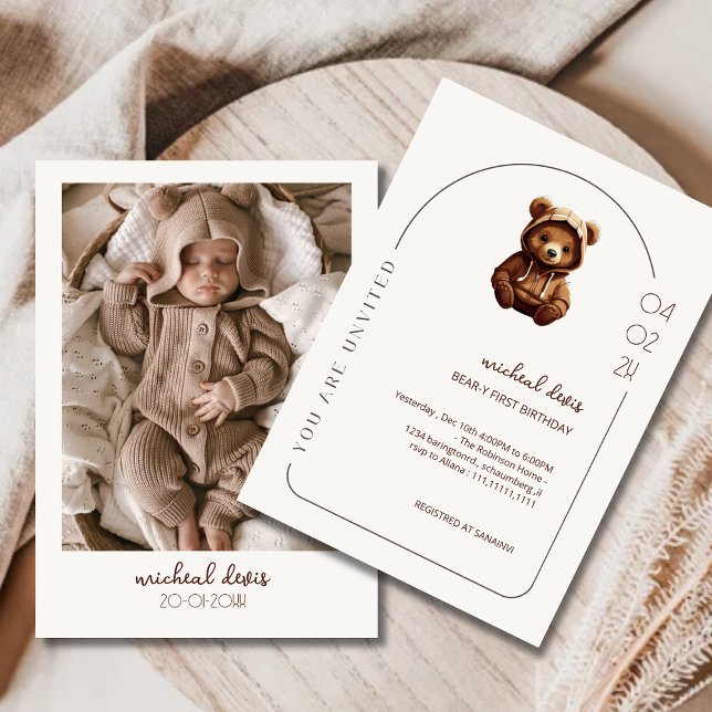  Cute Minimal Photo Bear-y First baby Birthday  Invitation (Creator Uploaded)