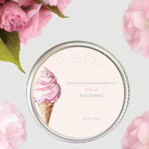 Cute minimal Pink Ice Cream Baby Shower Favour Classic Round Sticker
