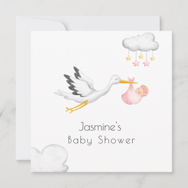 Cute minimal stork pink baby shower  invitation (Front)