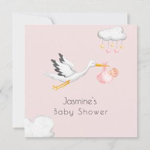 Cute minimal stork pink baby shower  invitation