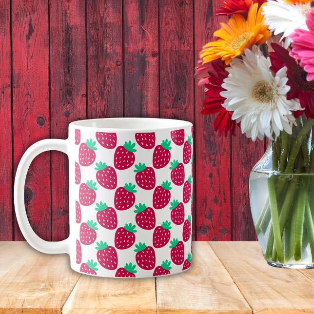 Cute Minimal Strawberry Pattern in Red and Green Coffee Mug (Creator Uploaded)