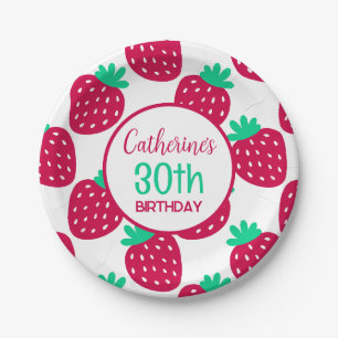 Cute Minimal Strawberry Pattern in Red and Green Paper Plate
