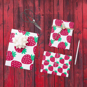 Cute Minimal Strawberry Pattern in Red and Green Wrapping Paper Sheet