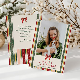 Cute Minimal Stripes & Bow Merry Christmas 1 Photo Holiday Card