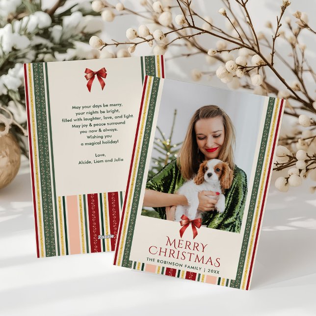 Cute Minimal Stripes & Bow Merry Christmas 1 Photo Holiday Card (Creator Uploaded)