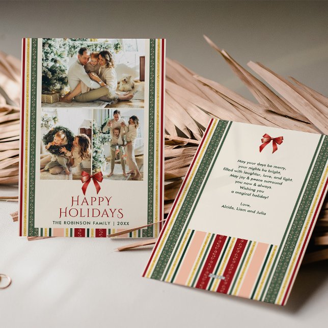 Cute Minimal Stripes & Bow Merry Christmas 2 Photo Holiday Card (Creator Uploaded)