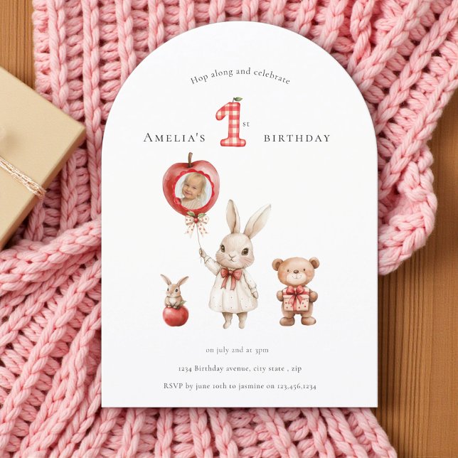 Cute  minimal watercolor photo "1st" Birthday Invitation (Creator Uploaded)