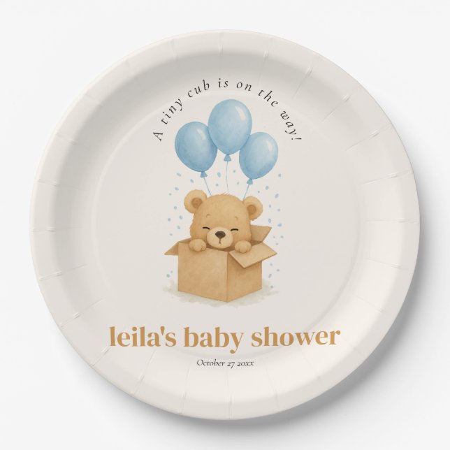 Cute Minimalis Blue Balloon Bear Baby Shower Paper Plate (Front)