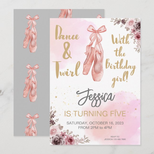 Cute Minimalist Ballerina shoes Floral Birthday Invitation (Front/Back)