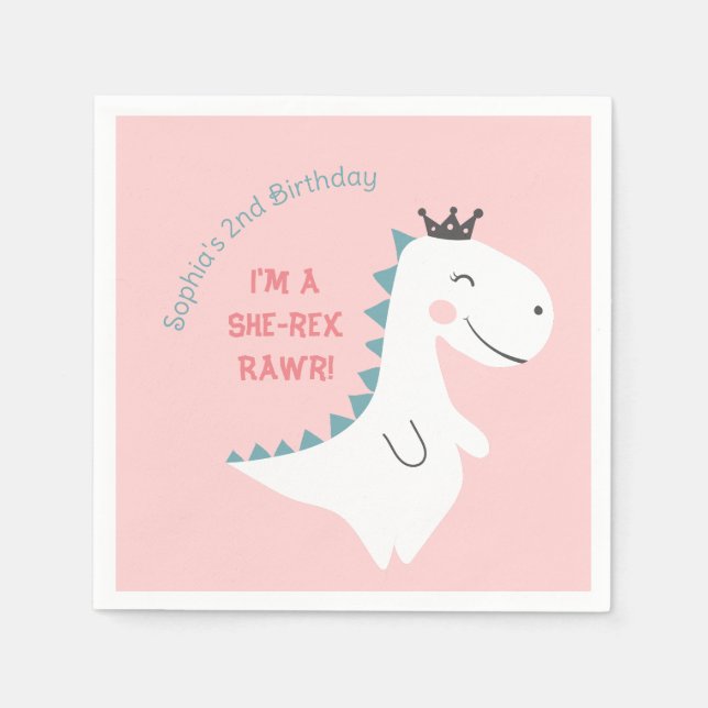 Cute Minimalist Blush Pink Dino Dinosaur Birthday Napkin (Front)