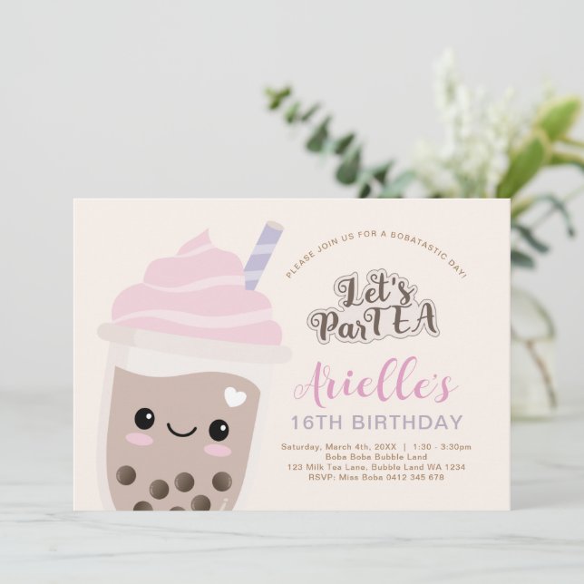 Cute Minimalist Boba Bubble Tea Birthday Invitatio Invitation (Standing Front)