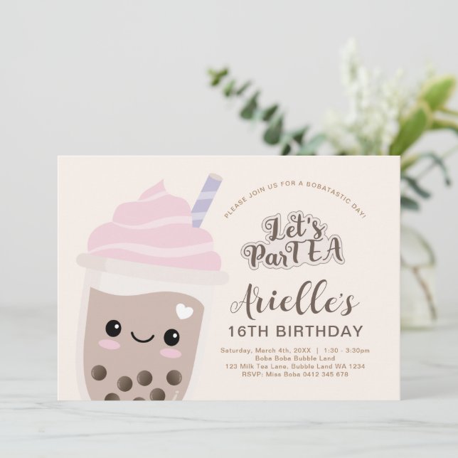 Cute Minimalist Boba Bubble Tea Birthday Invitation (Standing Front)