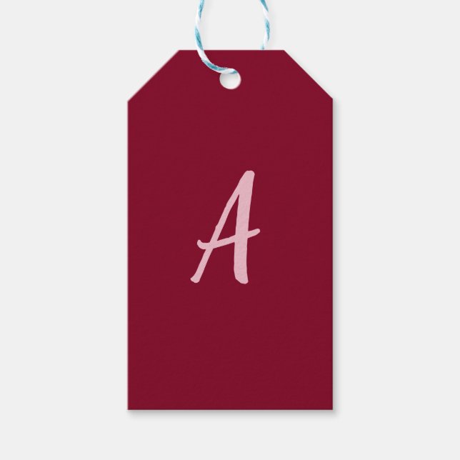 Cute Minimalist Burgundy Red Calligraphy Monogram Gift Tags (Front)