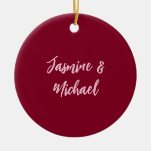 Cute Minimalist Burgundy Red Calligraphy Own Name Ceramic Tree Decoration