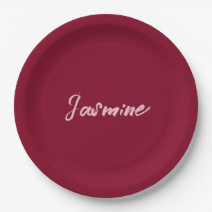 Cute Minimalist Burgundy Red Calligraphy Own Name Paper Plate