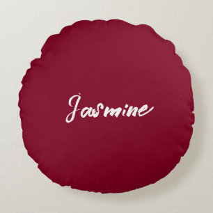 Cute Minimalist Burgundy & White Calligraphy Name Round Cushion