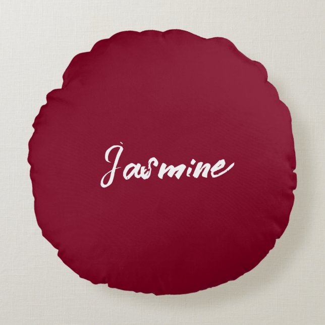 Cute Minimalist Burgundy & White Calligraphy Name Round Cushion (Front)