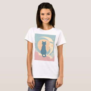 Cute Minimalist Cat on Crescent Moon T-Shirt