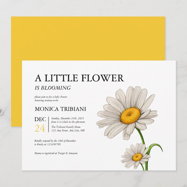 Cute Minimalist Daisy Flower Baby Shower Girl Invitation (Front/Back)