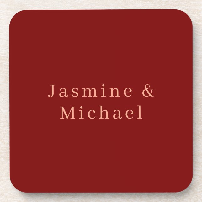 Cute Minimalist Deep Red & Peach Own Name Coaster (Front)