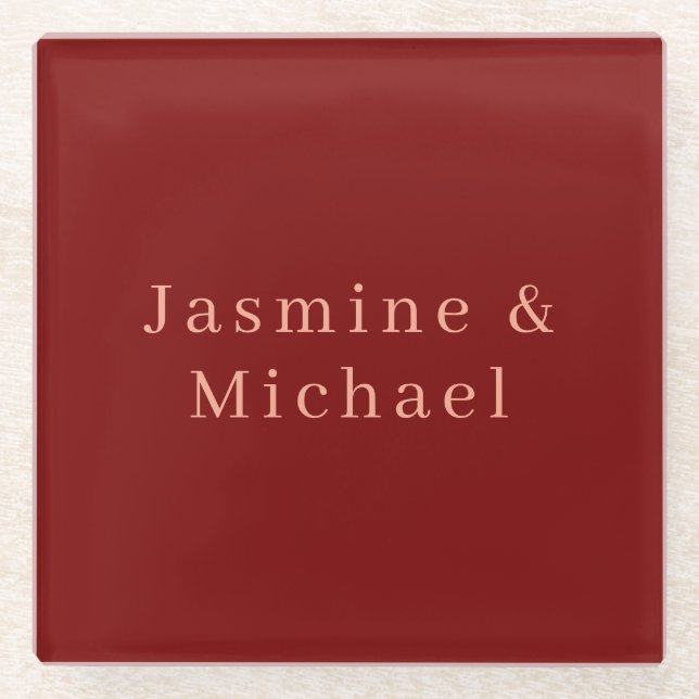 Cute Minimalist Deep Red & Peach Own Name Glass Coaster (Front)