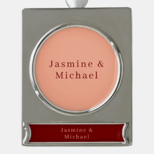 Cute Minimalist Deep Red & Peach Own Name Silver Plated Banner Ornament