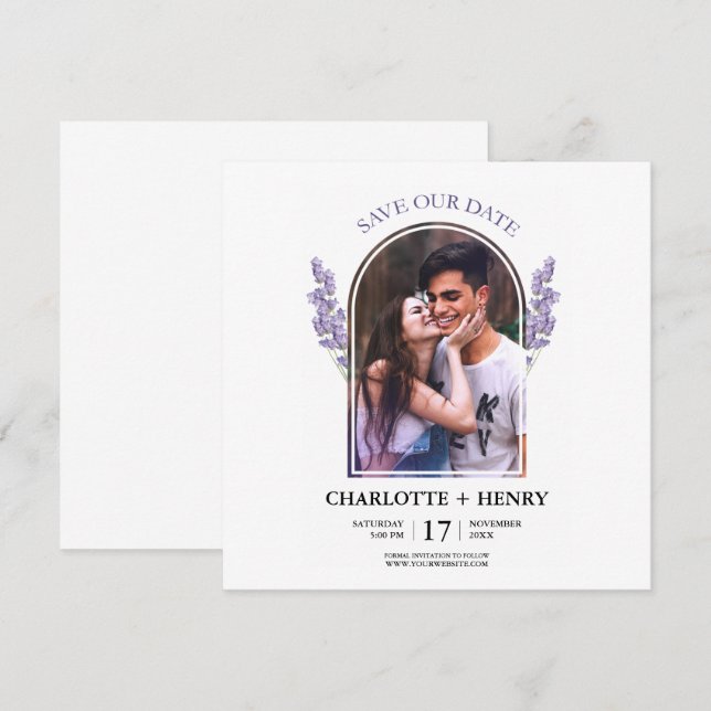 Cute Minimalist Elegant Purple Photo Save The Date (Front/Back)