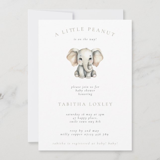 Cute Minimalist Elephant Little Peanut Baby Shower Invitation (Front)