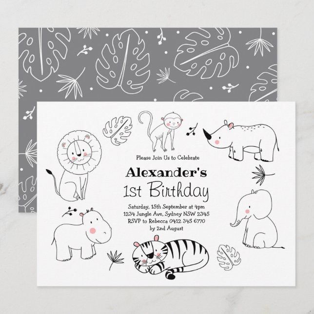Cute Minimalist Jungle Safari Animals 1st Birthday Invitation (Front/Back)