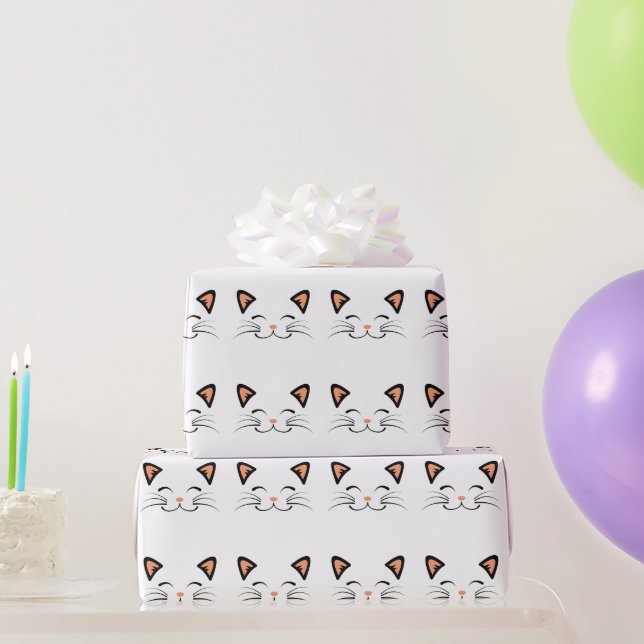 Cute Minimalist Kawaii Smiling Cat Face Pattern Wrapping Paper (Party Gifts)