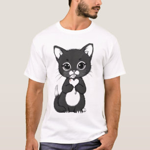 Cute Minimalist Kitten Holding Heart and Lollipop T-Shirt