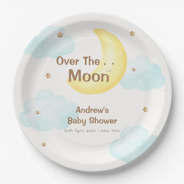 Cute Minimalist Over The Moon Baby Shower Paper Plate (Front)