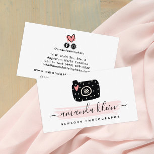Cute Minimalist Photographer Camera Black & Pink Business Card