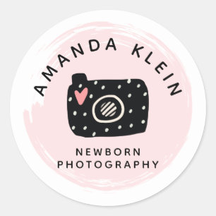 Cute Minimalist Photographer Camera Black & Pink Classic Round Sticker