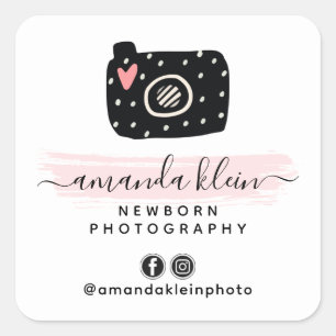 Cute Minimalist Photographer Camera Black & Pink Square Sticker