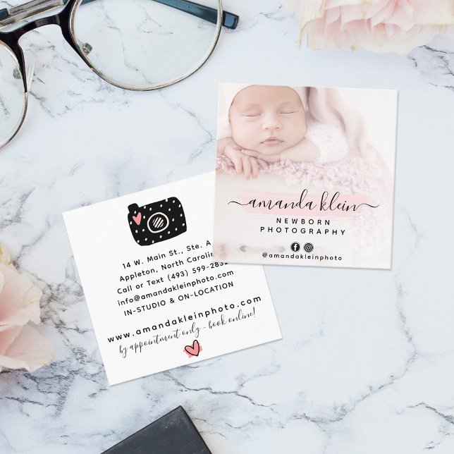 Cute Minimalist Photographer Camera Custom Photo Square Business Card (Creator Uploaded)
