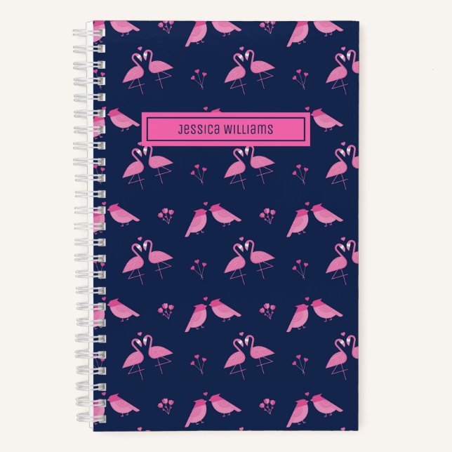 Cute Minimalist Pink Flamingo Love Birds Pattern Notebook (Front)