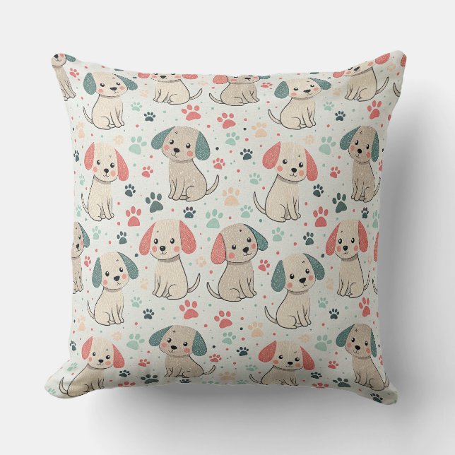 Cute Minimalist Puppy and Paw Print Design Pattern Cushion (Front)