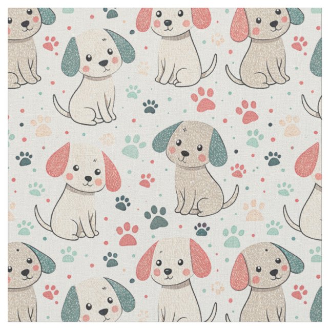 Cute Minimalist Puppy and Paw Print Design Pattern Fabric (Close Up)