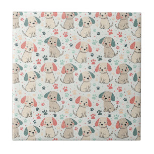 Cute Minimalist Puppy and Paw Print Design Pattern Tile