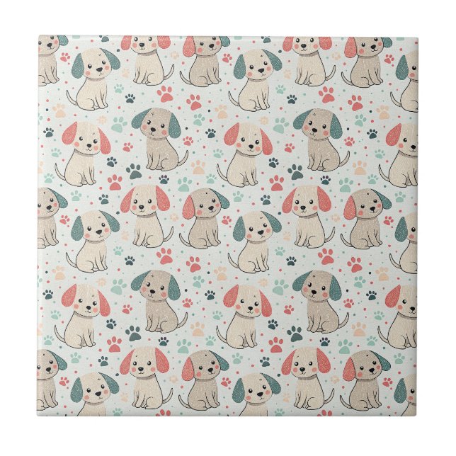 Cute Minimalist Puppy and Paw Print Design Pattern Tile (Front)