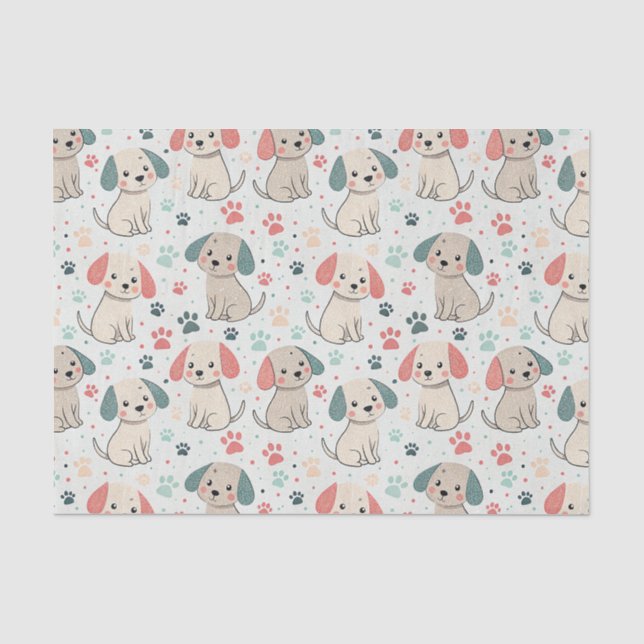 Cute Minimalist Puppy and Paw Print Design Pattern Tissue Paper (Front)