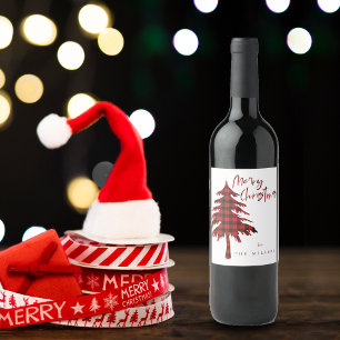 Cute Minimalist Red Plaid Pattern Christmas Tree Wine Label