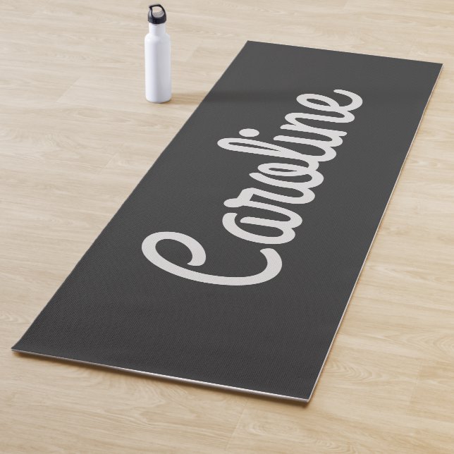 Cute Minimalist Script Typography Name Black White Yoga Mat (In Situ)